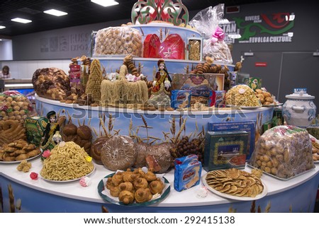 MILAN, ITALY-JUNE 05, 2015: russian food displayed in the Russia pavillion at EXPO 2015 in Milan.