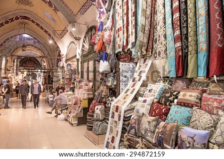 ISTANBUL, TURKEY-MAY 30, 2015: indoor shops and interior architecture of the old traditional market Gran Bazaar, in Istanbul.