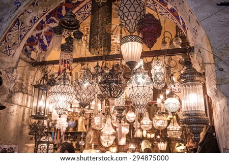 ISTANBUL, TURKEY-MAY 30, 2015: indoor lamp shop of the old traditional market Gran Bazaar, in Istanbul.
