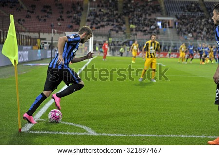 MILAN, ITALY-SEPTEMBER 23, 2015: soccer players in action during the italian soccer match FC Internazionale vs Verona, at san siro stadium, in Milan.