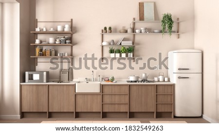 Country kitchen, eco interior design in beige tones, sustainable parquet, potted plants, herbs, wooden shelves, microwave and refrigerator. Natural recyclable architecture concept, 3d illustration