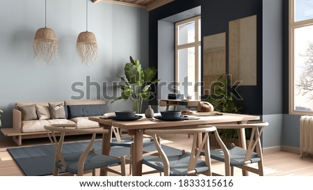 Country living room, eco interior design in blue tones, sustainable parquet, dining table with chairs, potted plants and bamboo ceiling. Natural recyclable architecture concept, 3d illustration