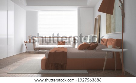 Modern bright minimalist bedroom in orange tones, double bed with pillows, duvet and blanket, parquet, window and sofa, bedside table, lamp, carpet and decors, interior design idea, 3d illustration