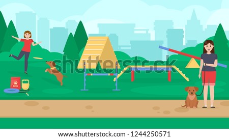 Dog training park with sport equipment. A womens plaing frisbee with dog . Cynology. Command sit. Flat vector illustration.