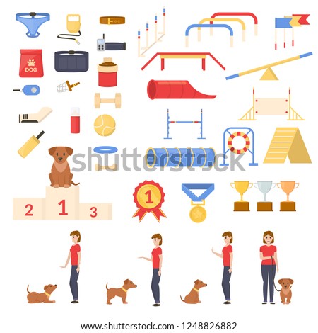 Set of dog care, playing, nutrition, exhibition and training object. Girl with her dog. Command.Vector flat illustration