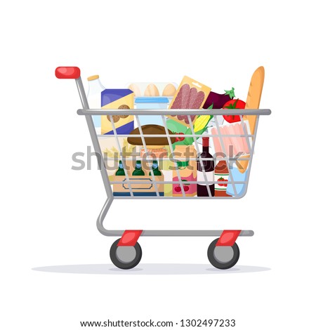 Full shopping cart. Food store, supermarket. Set of fresh, healthy and natural product. Vector illustration