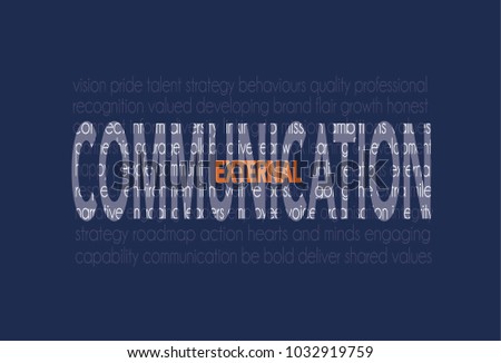 External Communications word cloud, business words related to communication on a baby background with orange text