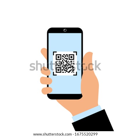 smartphone with a QR code on the screen. vector illustration. hand holding a modern phone to scan the QR code.