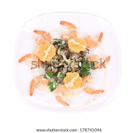 Shrimp salad with mushrooms and lemons. Isolated on a white background.