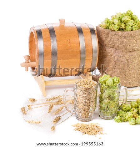Beer barrel with beer glasses and hop isolated on white