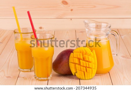 Mango juice with mango on wooden background. Whole background.