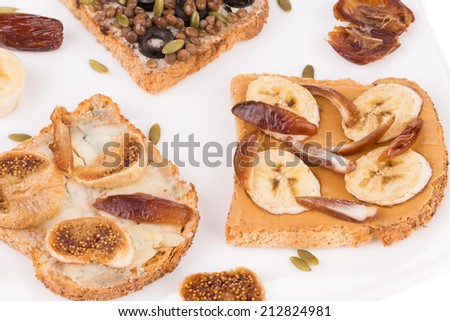 Close up of delicious fruit sandwich. Whole background.