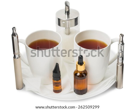 Electronic cigarettes and tasty tea as a break. Isolated on a white background.