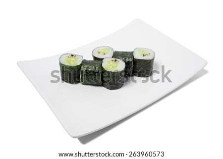 Traditional japanese vegetarian sushi roll with cucumber. Isolated on a white background.