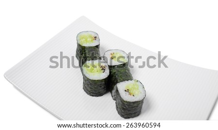 Traditional japanese vegetarian sushi roll with cucumber. Isolated on a white background.