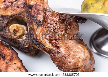 Delicious grilled lamb meat fillet. Macro. Photo can be used as a whole background.