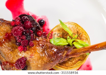 Delicious duck leg confit with red berry sauce and baked sliced apple covered with cinnamon as a garnish. Macro. Photo can be used as a whole background.