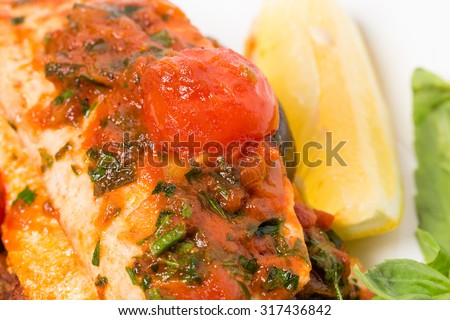 Grilled dorado covered with baked vegetables and sliced lemon. Macro. Photo can be used as a whole background.