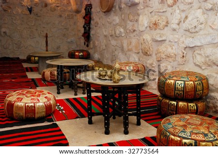 Interior  of ancient coffee house in east style, Jerusalem.