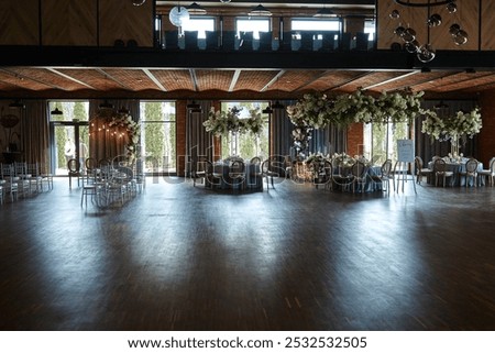 Image, Stock Photo Wooden table on spacious terrace of residential building