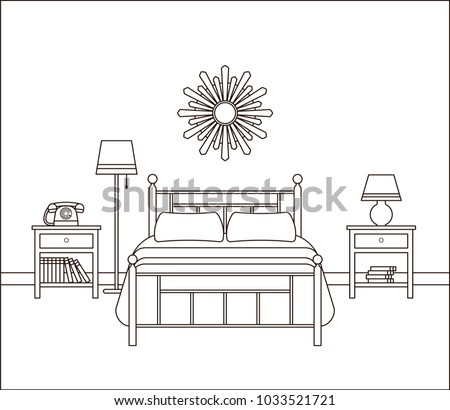 Bedroom Retro Interior Hotel Room With Bed Vector Home Space In Line Art