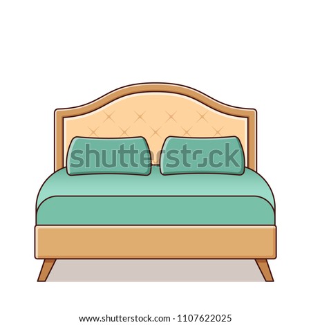 Double bed. Vector. Outline vintage furniture icon in flat design. Linear retro illustration in line art style. House equipment for bedroom isolated on white background.