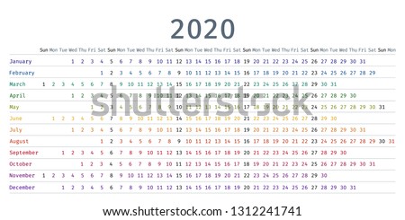 2020 calendar linear. Vector. Yearly calendar organizer. Stationery template 2020 year in simple style with months. Week starts Sunday. Landscape horizontal orientation, english. Isolated illustration