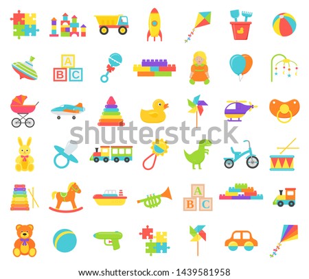 Baby toy isolated. Vector. Set kids toys. Baby shower stuff in flat design on white background. Colorful cartoon illustration. Cute collection children icons.   