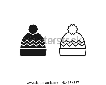 Winter hat icon. Vector in simple flat design, outline. Knit wool beanie with pompom isolated on white background. Illustration for graphic, web, logo, app, UI. Outerwear symbol.