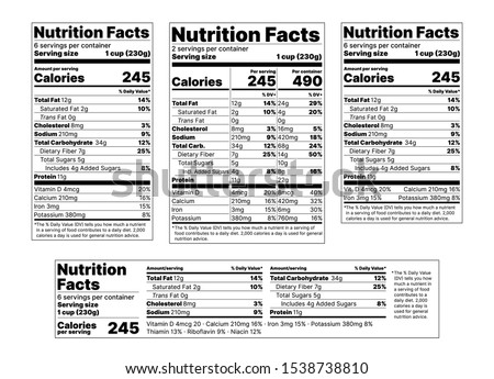 Nutrition facts Label. Vector. Food information with daily value. Package template. Data table ingredients calorie, fat sugar cholesterol. Flat illustration isolated on white background. Layout design