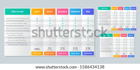 Table price comparison. Vector. Chart plan template. Set pricing grid for purchases, business, web services, applications. Checklist compare tariff banner. Color illustration. Flat simple design. 