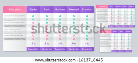 Table price chart. Vector. Comparison plan template. Set pricing grid for purchases, business, web services, applications. Checklist compare tariff banner. Color illustration. Flat simple design. 