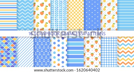Scrapbook background, seamless pattern. Vector. Cute paper for scrap design. Chic print with polka dot, stripe, zigzag, fruits, check, fish scale. Trendy texture. Color illustration Geometric backdrop