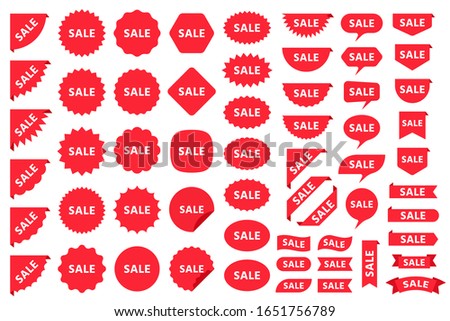 Burst price boxes. Sale, New sticker. Vector.  Discount promo stamps. Circle, corner, cloud badges. Red tag product labels. Set starburst shapes isolated on white background. Flat illustration. 