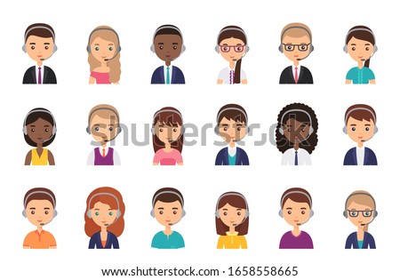 Call center operator in headset. Vector. Service agent customer avatar. Icon Support manager in headphone. Flat design. People faces isolated on white. Cartoon illustration. Online contact help. 