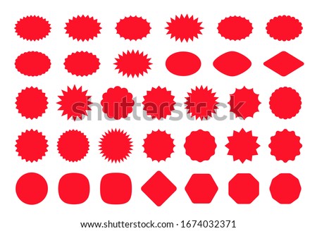 Callout star sticker. Starburst price badge. Vector. Burst promo shapes. Set red splash sunburst stamps isolated on white background. Round, cloud retail tag. Color illustration. Simple empty pricetag