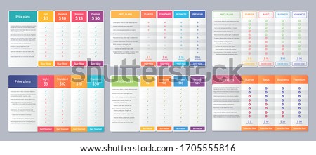 Table price template. Vector. Comparison plan chart. Set pricing data grid with 4 columns. Checklist compare tariff banner. Comparative spreadsheets with options. Color illustration. Flat simple desig