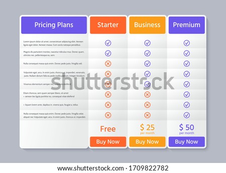 Table price plans. Comparison data template. Vector. Pricing chart grid with 3 columns. Checklist compare tariff banner. Comparative spreadsheets with options. Color illustration. Flat simple design ストックフォト © 