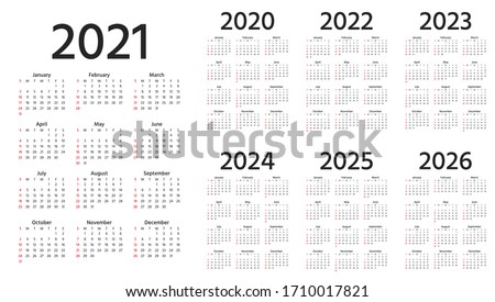 Calendar 2021, 2022, 2023, 2024, 2025, 2026, 2020 years. Week starts Sunday. Simple year template of pocket or wall calenders. Yearly organizer. Stationery layout. Portrait orientation, English.