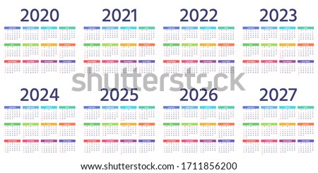 Calendar 2021, 2022, 2023, 2024, 2025, 2026, 2027, 2020 years. Vector. Week starts Sunday. Calender layout. Stationery template with 12 months. Yearly quadratic organizer, English. Color illustration.