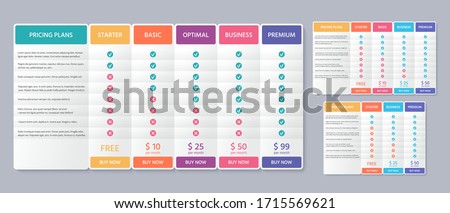 Table price plan. Comparison data template. Vector. Pricing chart with 3, 4 and 5 columns. Checklist compare tariff banner. Comparative spreadsheet with options. Color illustration. Flat simple design