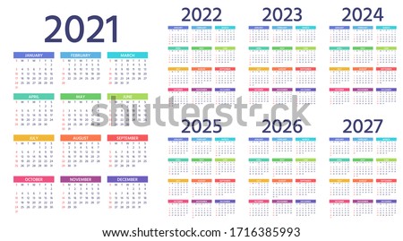 Calendar 2021, 2022, 2023, 2024, 2025, 2026, 2027 years. Week starts Sunday. Simple year template of pocket or wall calenders. Yearly organizer. Stationery color layout. Portrait orientation, English.