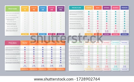 Table price template. Vector. Pricing data grid with 5 column. Set Comparison plan chart. Comparative spreadsheets with options. Checklist compare tariff banner. Color illustration. Flat simple design
