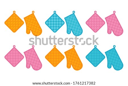 Oven mitt and potholder. Vector. Kitchen accessory isolated on white background. Cooking mitten, oven-glove in flat design. Kitchenware icon. Color illustration.