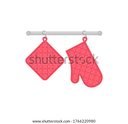 Oven mitt and potholder hanging on rack. Vector. Kitchen accessory isolated on white background. Cooking mitten, oven-glove in flat design. Kitchenware icon. Color cartoon illustration.