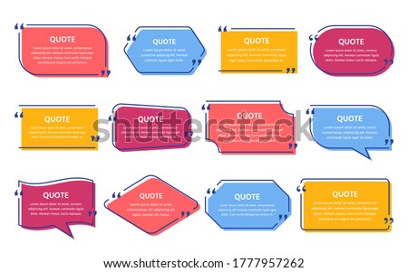 Quote text box. Quotations frame template. Vector. Set of info comments and messages in textboxes. Speech bubbles on color background. Colorful illustration in line style. Simple minimalistic design. 