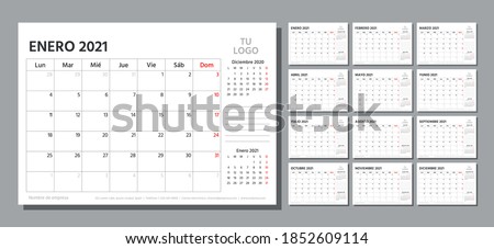 2021 Spanish planner. Calendar template. Vector. Week starts Monday. Table schedule grid. Calender layout with 12 month. Yearly stationery organizer. Horizontal monthly diary. Simple illustration
