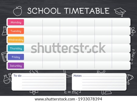 School timetable. Schedule template for kids. Student plan on blackboard with lessons. Weekly time table with outline school icons. Vector illustration. Educational classes diary on English, A4. 