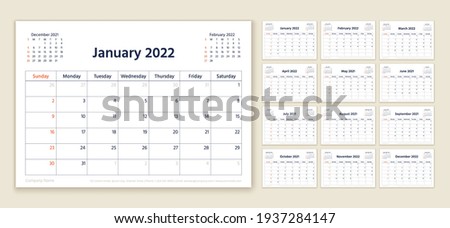 Calendar 2022 year. Planner template. Week starts Sunday. Vector. Yearly stationery organizer. Calender layout. Table schedule grid. Horizontal monthly diary with 12 month. Simple illustration.