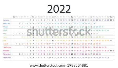 Calendar 2022 year. Linear planner template. Vector. Yearly horizontal calender. Week starts Sunday. Annual schedule grid with months. Landscape orientation, english. Simple design. Long illustration. Stockfoto © 